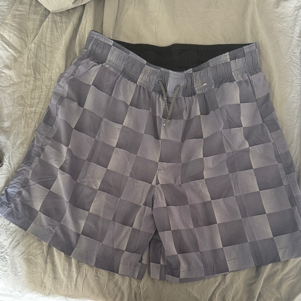 Blue checkered swim trunks